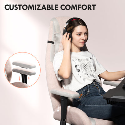 HOMCOM Fabric Gaming Chair with Lumbar Support, Headrest - Pale Pink 