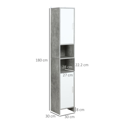 kleankin Free-standing Tall Bathroom Storage Cabinet w/ 2 Cupboards 2 Open Compartments, Slim Bathroom Organizer Adjustable Shelves Elevated Base for Living Room, Grey 