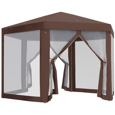Outsunny Hexagonal Garden Gazebo Patio Party Outdoor Canopy Tent Sun Shelter with Mosquito Netting and Zipped Door, Brown 