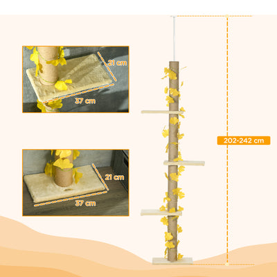 PawHut 242cm Adjustable Floor-To-Ceiling Cat Tree, with Artificial Decoration, Perches, Anti-Slip Kit - Yellow 
