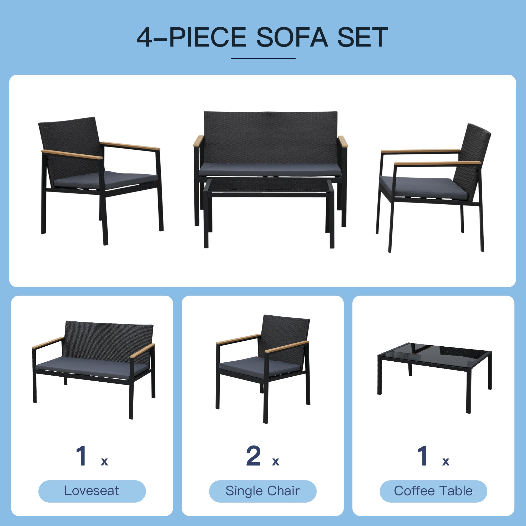 Outsunny 4 Pieces Rattan Garden Furniture Set, 4 Seater Garden Sofa Set with Loveseat, 2 Armchairs and Glass Top Coffee Table, Wicker Outdoor Conservatory Furniture with Cushions for Patio, Black 
