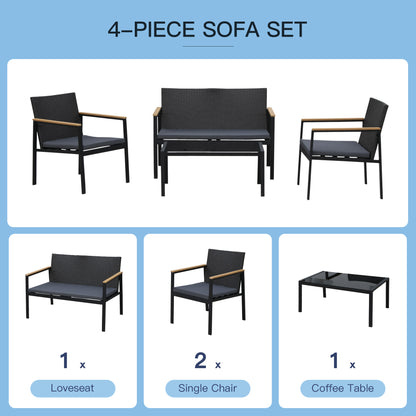 Outsunny 4 Pieces Rattan Garden Furniture Set, 4 Seater Garden Sofa Set with Loveseat, 2 Armchairs and Glass Top Coffee Table, Wicker Outdoor Conservatory Furniture with Cushions for Patio, Black 