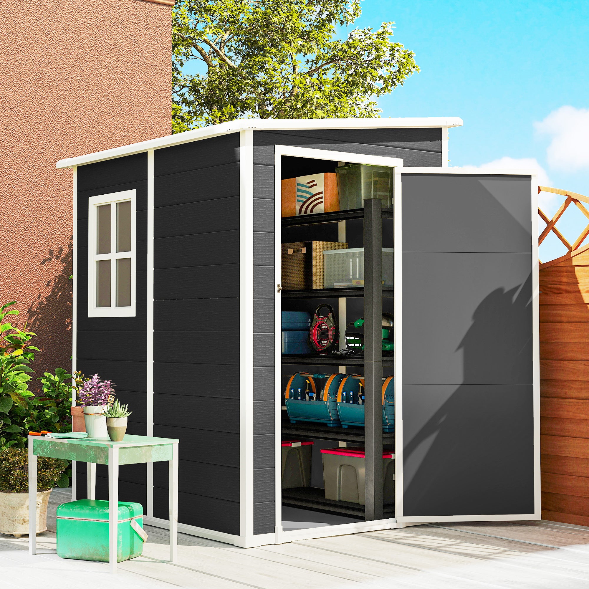 Outsunny 4'x5' Garden Storage Shed, Lean to Shed, Lockable Garden Shed with Window, Vent and Plastic Roof, Black 