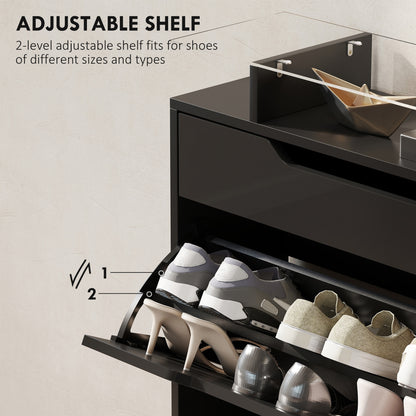 HOMCOM Shoe Storage Cabinet with Slide Out Drawer, 2 Flip Doors, Tempered Glass Top - Black