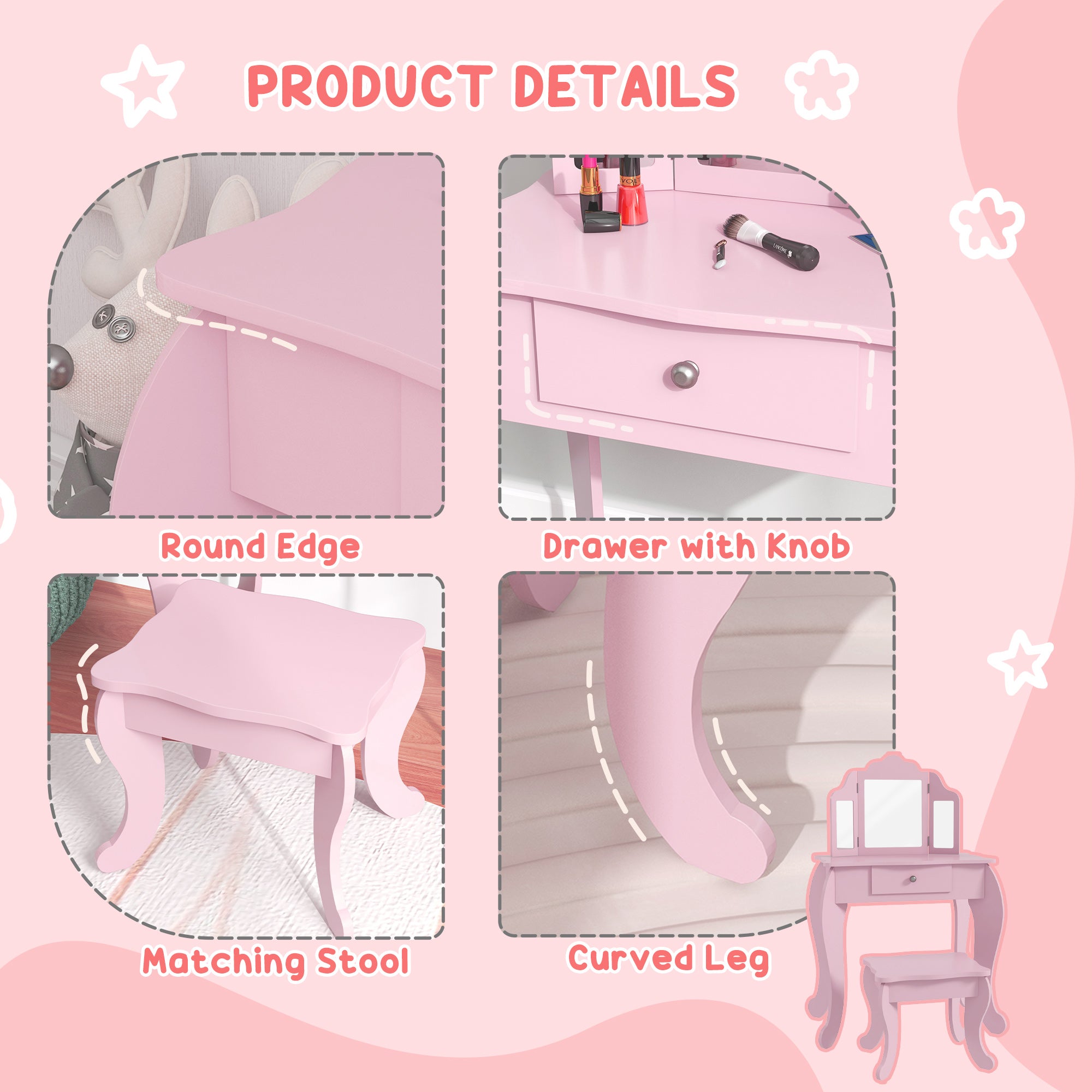 HOMCOM Kids Vanity Table and Chair Set with Tri-Folding Mirror and Stool, Makeup Dressing Table with Drawer, Pink