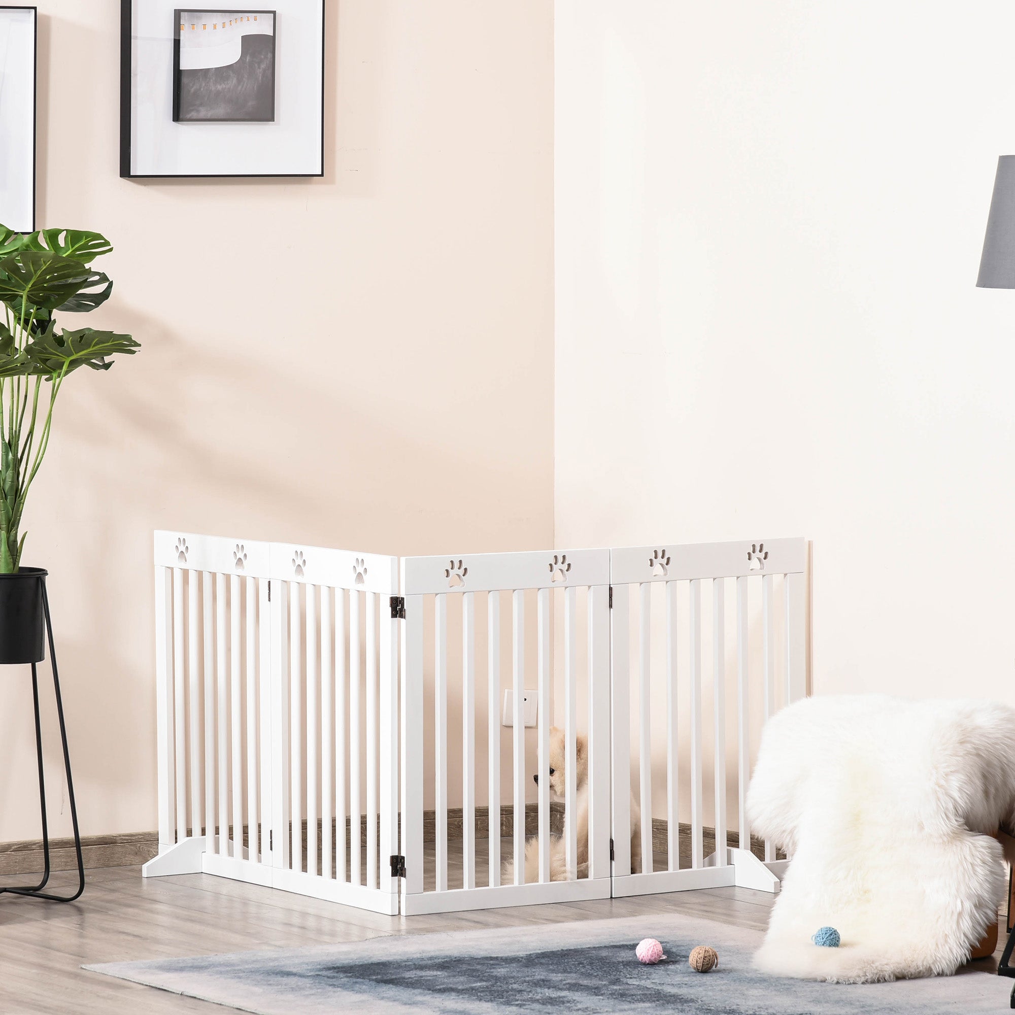 PawHut Wooden Pet Gate Foldable Freestanding Dog Safety Barrier w/ Support Feet 