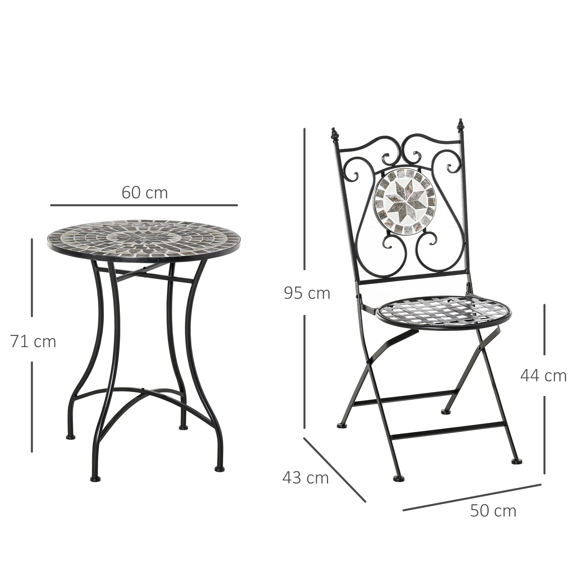Outsunny 3 Pcs Mosaic Tile Garden Bistro Set Outdoor Seating w/ Table 2 Folding Chairs Set Metal Frame Elegant Scrolling Indoor Patio Balcony 