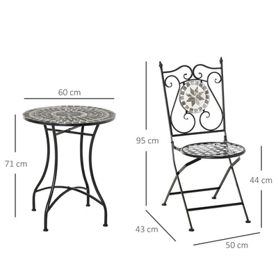 Outsunny 3 Pcs Mosaic Tile Garden Bistro Set Outdoor Seating w/ Table 2 Folding Chairs Set Metal Frame Elegant Scrolling Indoor Patio Balcony 