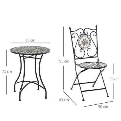 Outsunny 3 Pcs Mosaic Tile Garden Bistro Set Outdoor Seating w/ Table 2 Folding Chairs Set Metal Frame Elegant Scrolling Indoor Patio Balcony 