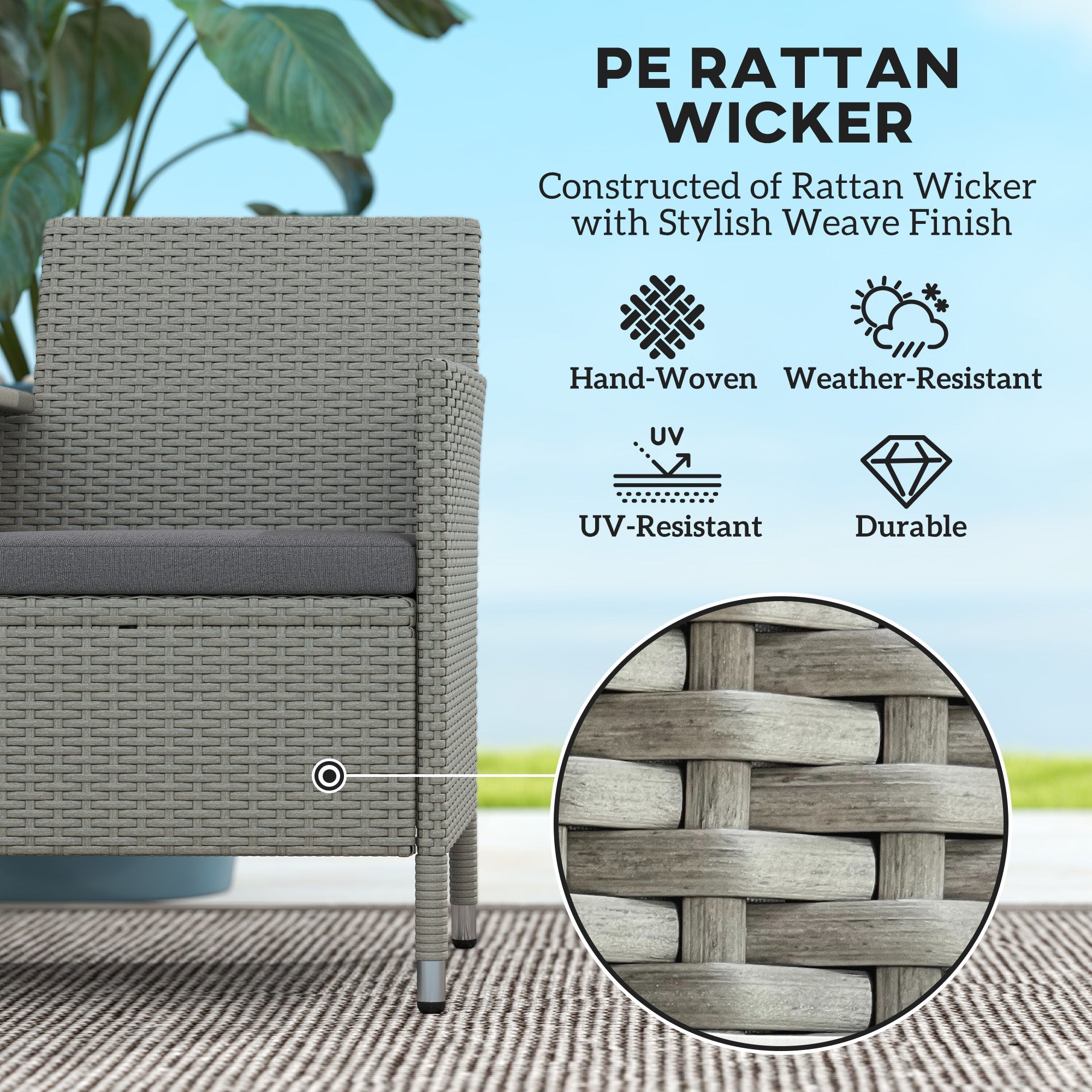 Outsunny 2-Seater PE Rattan Outdoor Garden Bench w/ Centre Table Grey 