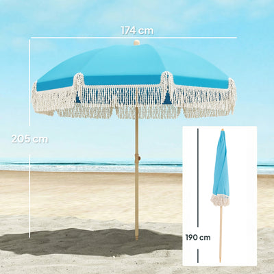 Outsunny 1.7 m Beach Umbrella with Sand Anchor, 30° Tilting Fringed Beach Garden Parasol with Adjustable Height, Grey 