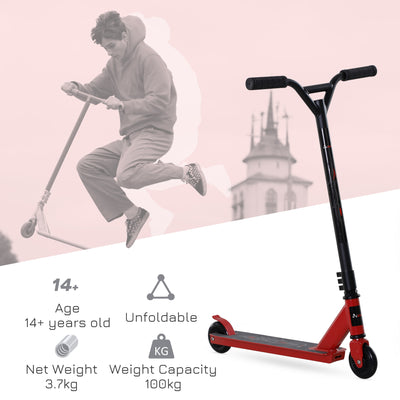 HOMCOM Street Stunt Scooter Intermediate and Beginner Freestyle Tricks Scooters For 14+ Teens Adult w/ Rear φ10cm Wheel & Brake - Red 