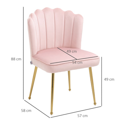 HOMCOM Shell Dining Chairs Set of 2, Upholstered Kitchen Chairs with Gold Metal Legs and Backrest, Velvet Fabric Lounge Leisure Chairs for Living Room, Reception Room, Pink 