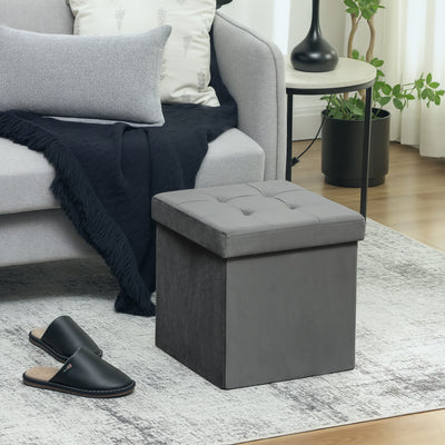 HOMCOM Foldable Velvet-Feel Storage Ottoman - Grey 