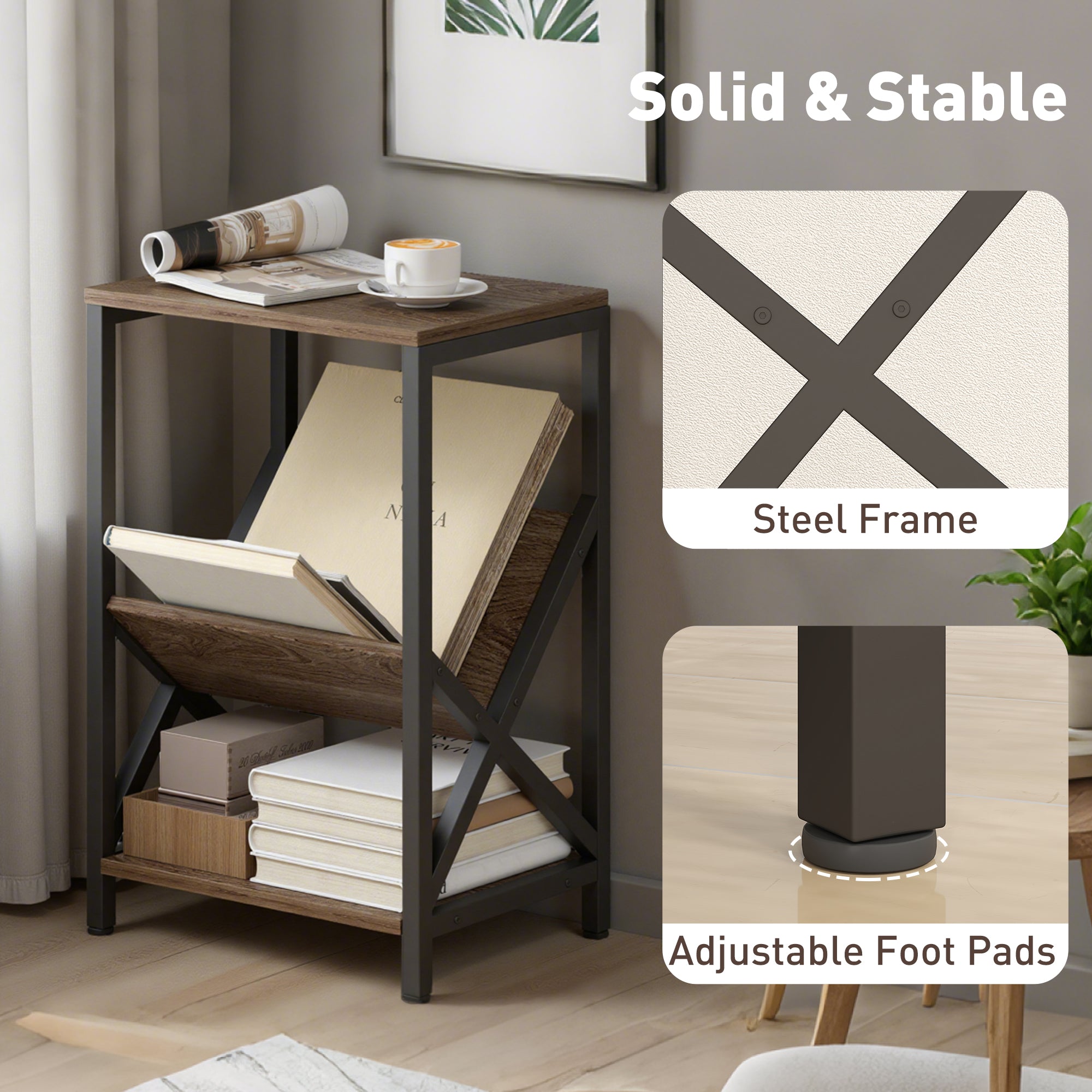 HOMCOM Narrow Side Table, End Table with 3-Tier Storage, V-Shaped Magazine Holder for Living Room, Bedroom, 40 x 30 x 61cm, Oak 