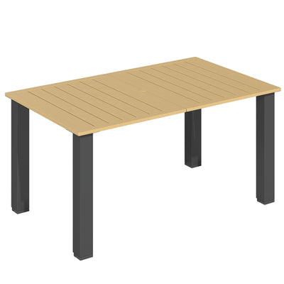 Outsunny Garden Dining Table for 6 with Parasol Hole, Rectangle Outdoor Garden Table with Slatted Metal Top, Steel Frame, Brown 