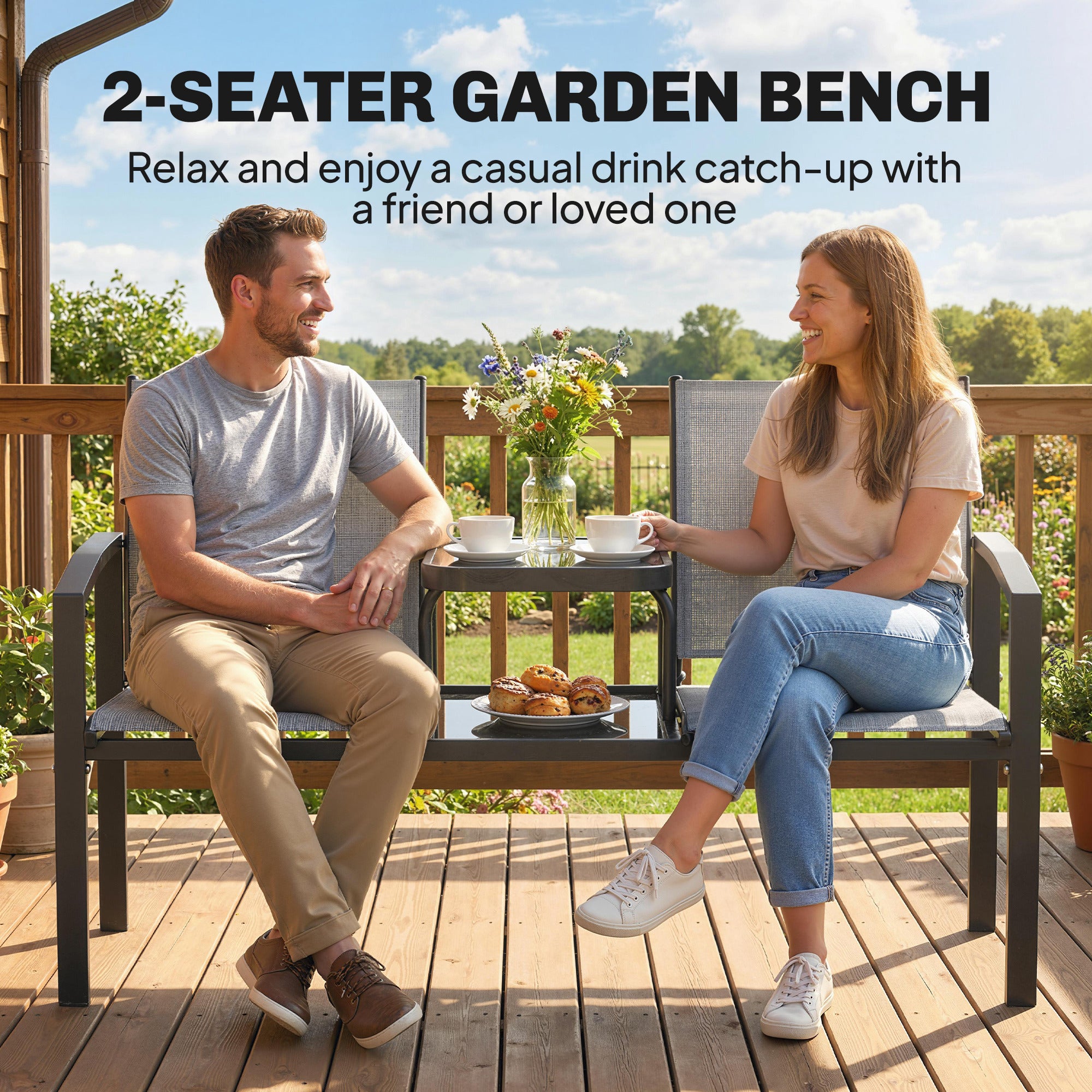 Outsunny Garden Love Seat, 2 Seater Jack and Jill Loveseat Companion Seat with 2-Tier Glass Table, Breathable Texteline, Grey 