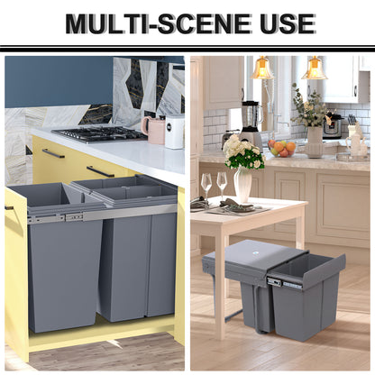 HOMCOM Kitchen Recycle Waste Bin Pull Out Soft Close Dustbin Recycling Cabinet Trash Can Grey (40L (1x20L+2x10L)) 