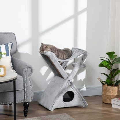 PawHut Two Tier Cat Tree for Indoor Cats Play Rest Activity Tower Plush Folding Relax Center w/ Scratching Post Hammock Pom Poms Grey 