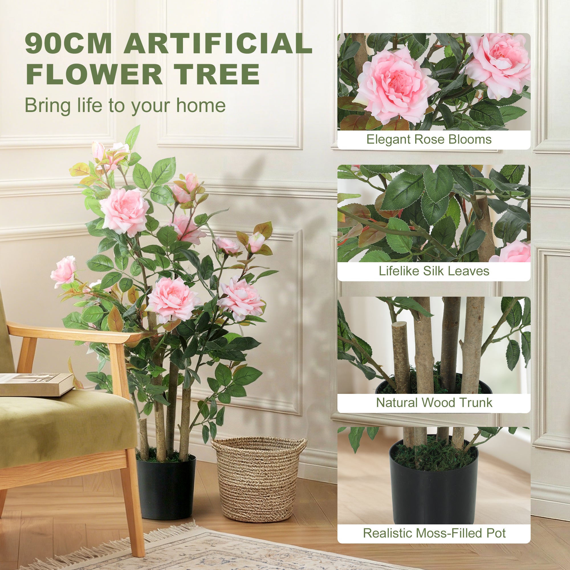 HOMCOM 90cm Artificial Rose Tree, Decorative Fake Plant with 344 Silk Leaves 17 Flowers for Outdoor Indoor Decor, Pink 
