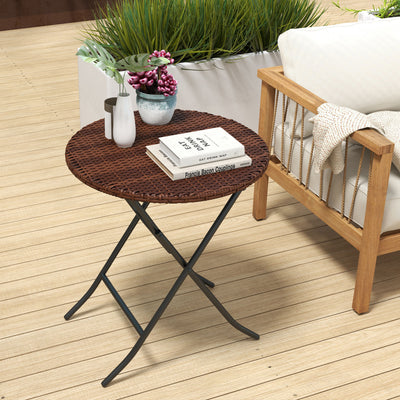 Outsunny Foldable PE Rattan Outdoor Coffee Table, Metal Frame Wicker Round Side Table, Coffee Table Side Table for Lawn, Garden, Mixed Brown 