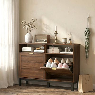 HOMCOM Shoe Cabinet with 2 Flip Drawers, Narrow Shoe Storage Top for Entryway Hallway, Rustic Brown 