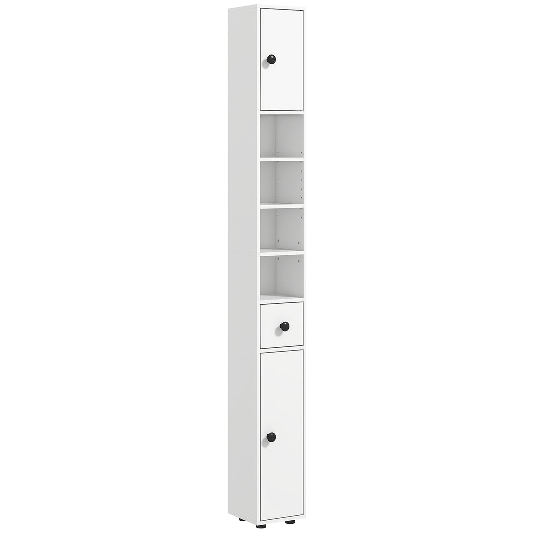 kleankin 180cm Tall Bathroom Cabinet, Slim Bathroom Storage Cabinet with 4 Open Shelves, 2 Door Cupboards and Adjustable Shelves, White 