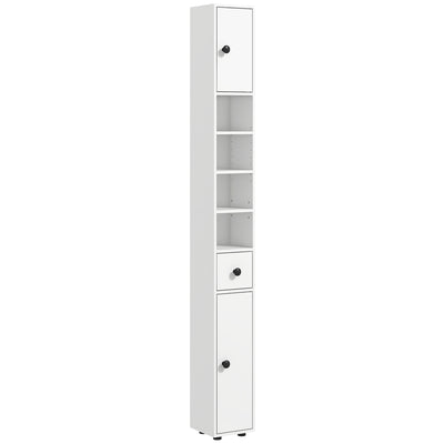 kleankin 180cm Tall Bathroom Cabinet, Slim Bathroom Storage Cabinet with 4 Open Shelves, 2 Door Cupboards and Adjustable Shelves, White 