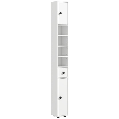 kleankin 180cm Tall Bathroom Cabinet, Slim Bathroom Storage Cabinet with 4 Open Shelves, 2 Door Cupboards and Adjustable Shelves, White 