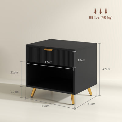 HOMCOM Elegant Bedside Table Set of 2, with Drawer and Shelf - Black/Gold Tone 