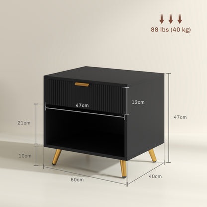 HOMCOM Elegant Bedside Table Set of 2, with Drawer and Shelf - Black/Gold Tone