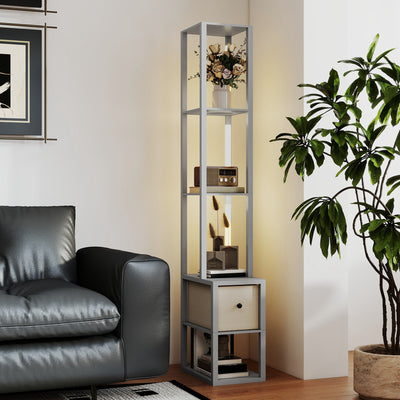 HOMCOM Floor Lamp with Shelves, LED Column Modern Standing Lamp with Fabric Drawer, Adjustable Brightness, Foot Switch for Living Room, Bedroom, Office, Grey 