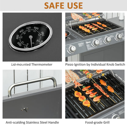 Outsunny 3+1 Burner Gas BBQ Grill, Outdoor Barbecue Trolley with Wheels, Warming Rack, Side Shelves, Cabinet, Thermometer for Garden, Party, Camping, 110L x 50W x 100Hcm, Grey 