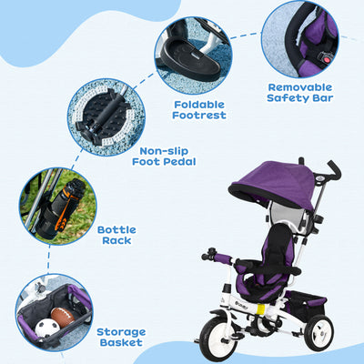 HOMCOM 6 in 1 Kids Trike Push Bike w/ Push Handle, Canopy, 5-point Safety Belt, Storage, Footrest, Brake, for 1-5 Years, Purple 