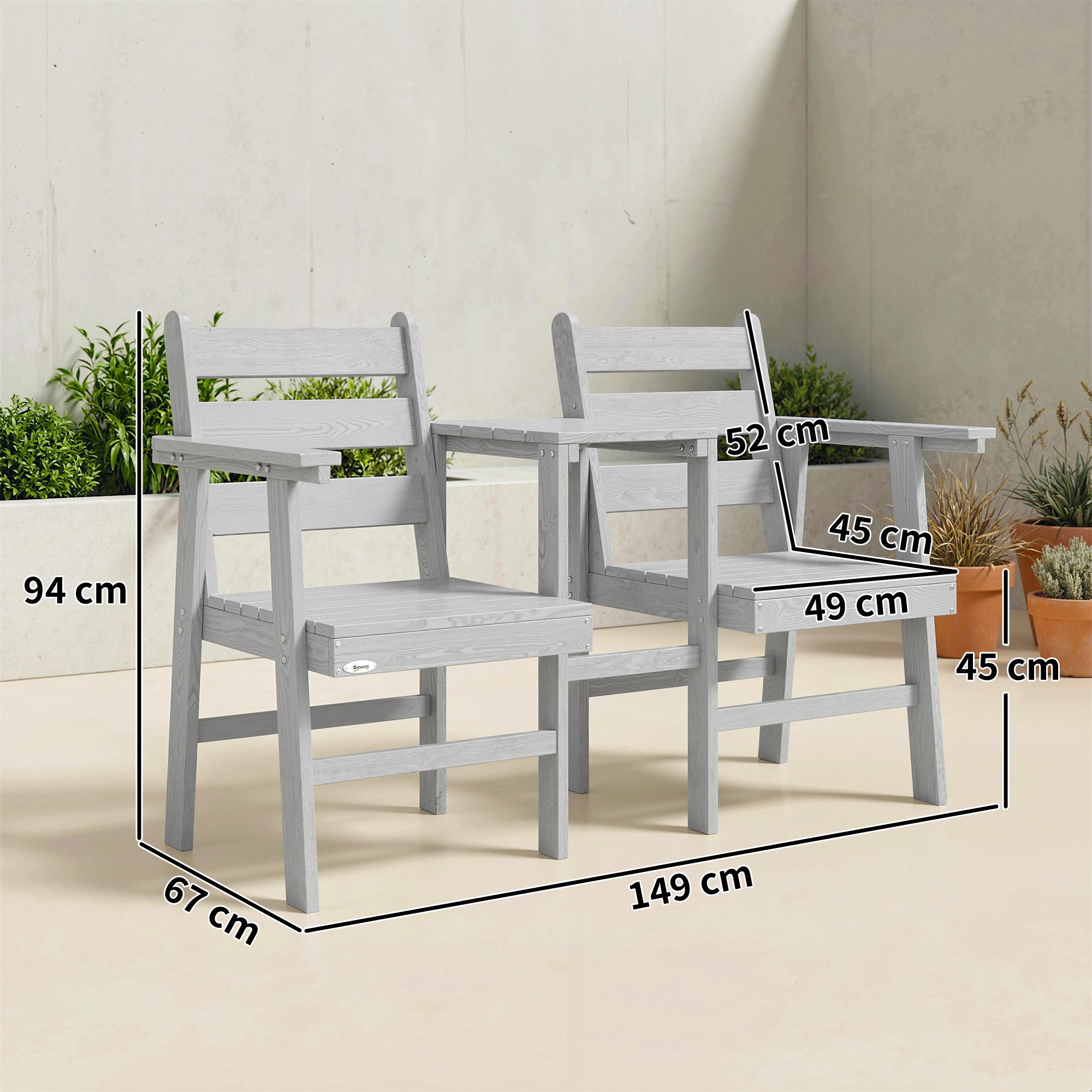 Outsunny Outdoor Garden Loveseat, Embossed Wooden Jack and Jill Garden Seat with Integrated Table, Grey 