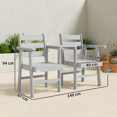 Outsunny Outdoor Garden Loveseat, Embossed Wooden Jack and Jill Garden Seat with Integrated Table, Grey 