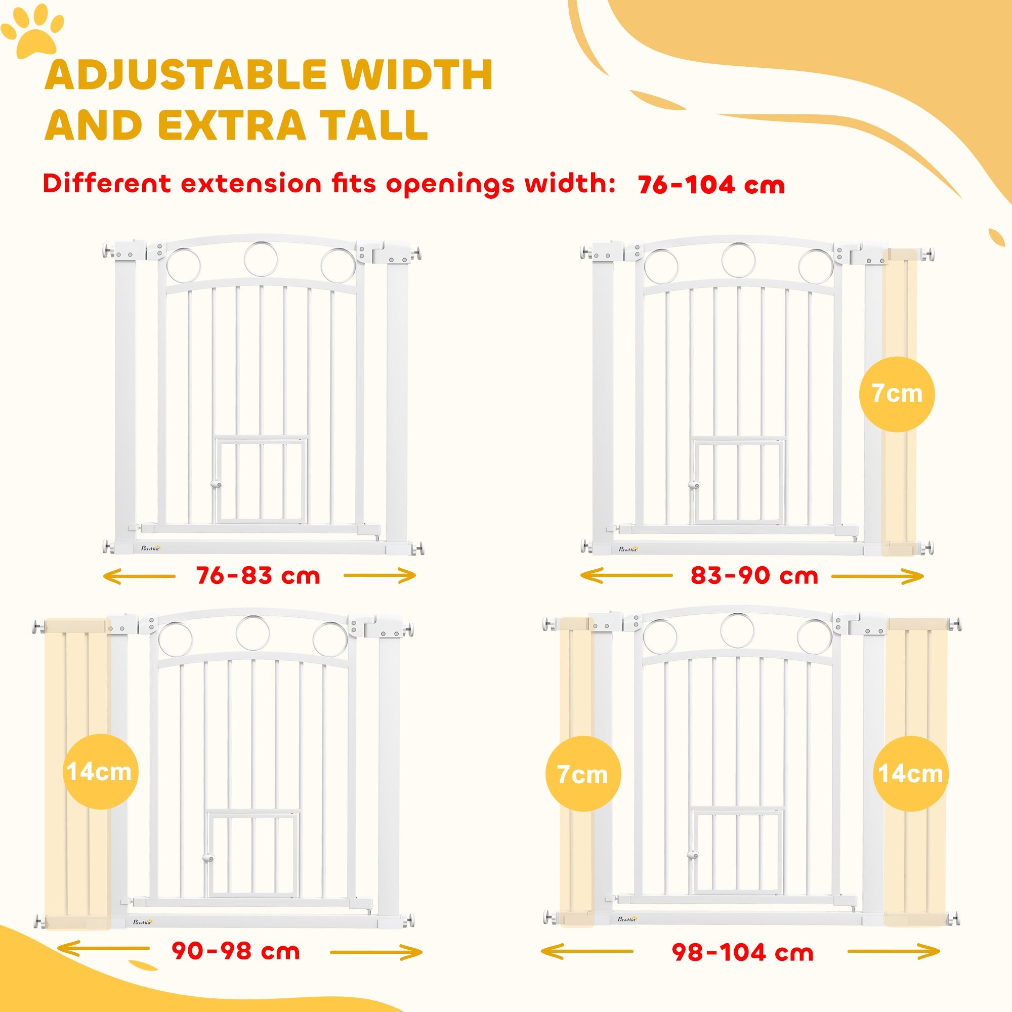 PawHut 77cm Tall Dog Gate with Cat Door, 7cm and 14cm Extensions, for Stairs, Doorways, 76-104cm Width 