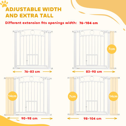 PawHut 77cm Tall Dog Gate with Cat Door, 7cm and 14cm Extensions, for Stairs, Doorways, 76-104cm Width 