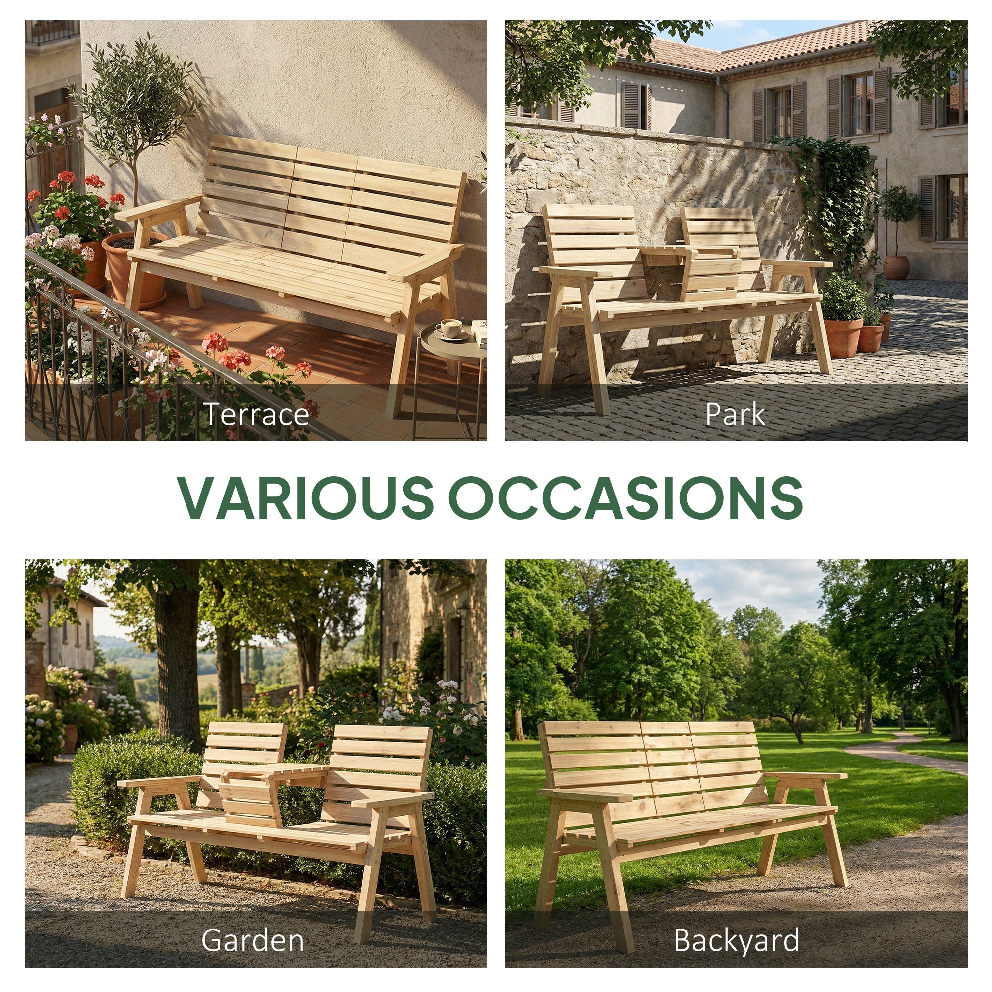 Outsunny Fir Wood Convertible 2 to 3 Seater Outdoor Garden Bench, Natural Wood Finish 