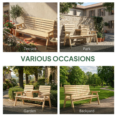 Outsunny Fir Wood Convertible 2 to 3 Seater Outdoor Garden Bench, Natural Wood Finish 