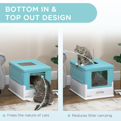 PawHut Hooded Cat Litter Box, Portable Pet Toilet, with Scoop, Front Entry - Light Blue 