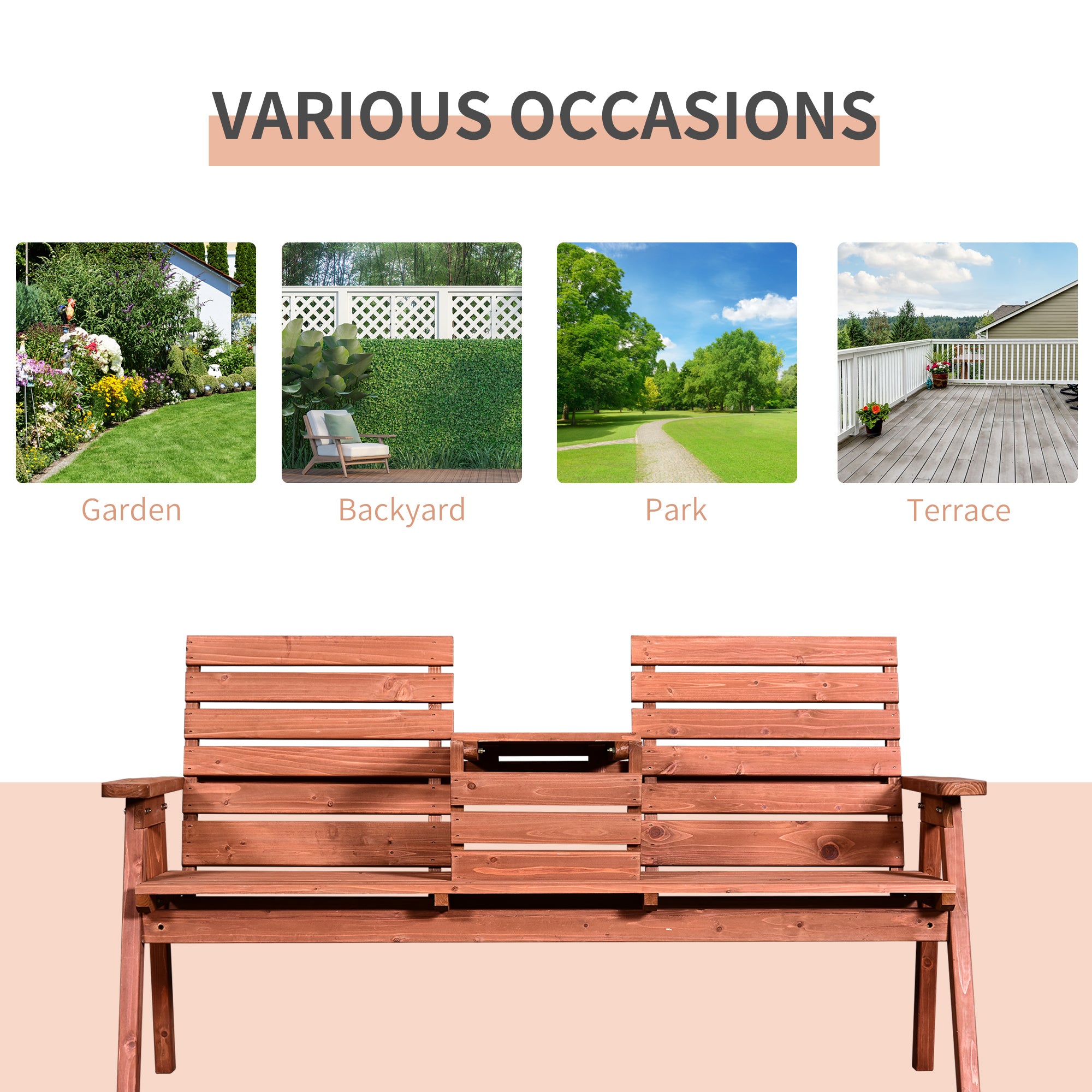 Outsunny Fir Wood Convertible 2 to 3 Seater Outdoor Garden Bench Wood Tone 