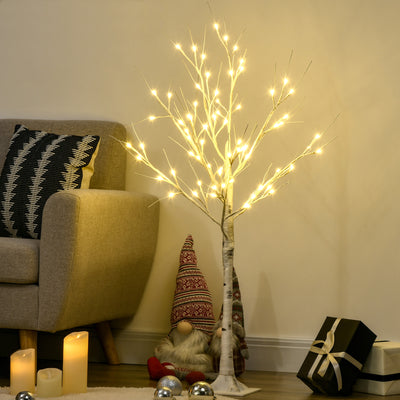 HOMCOM 4ft Artificial White Birch Tree Light with Warm White Pre-Lit LED Light for Indoor and Covered Outdoor Use 