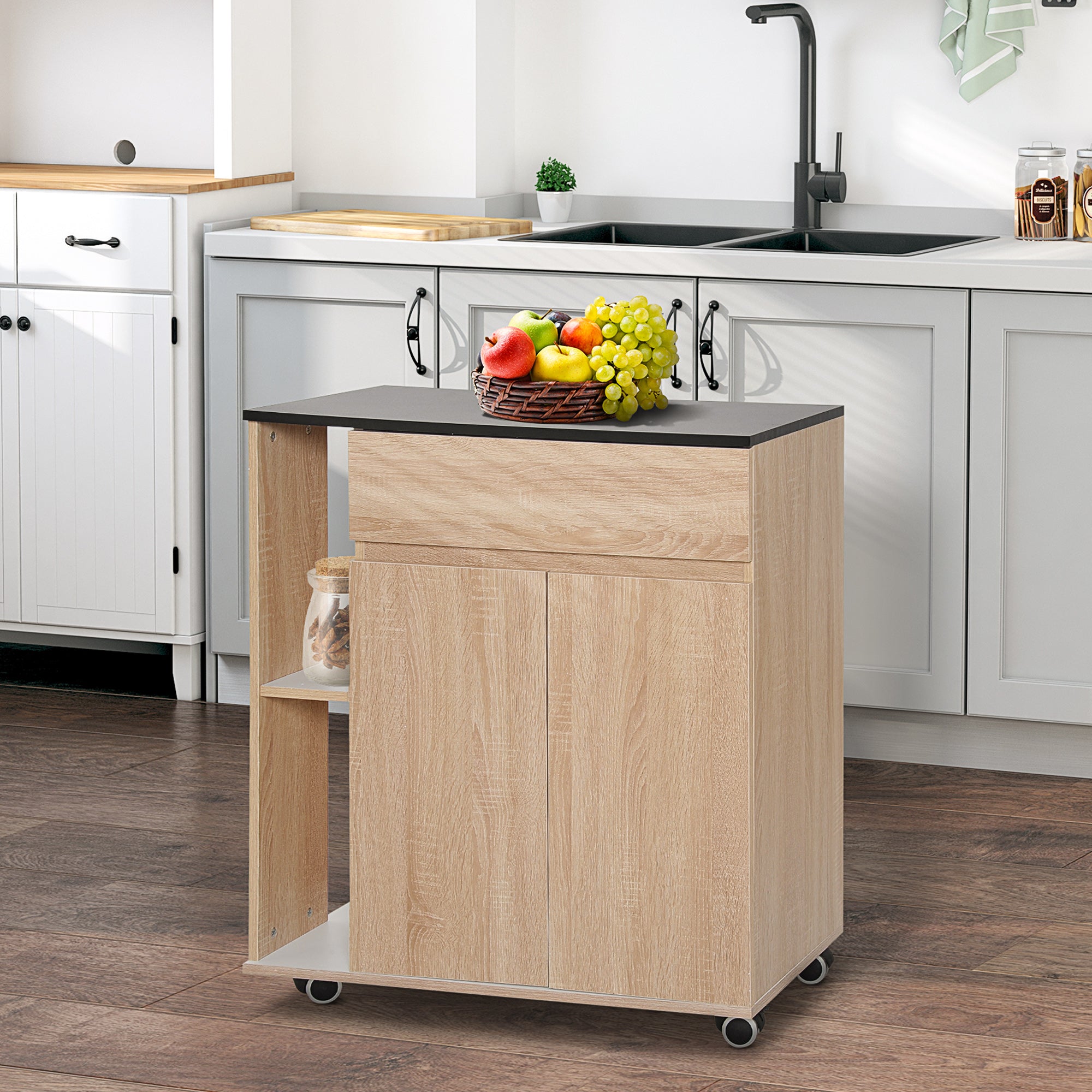 HOMCOM Kitchen Storage Trolley Cart Cupboard Rolling Island Shelves Cabinet With Door and Drawer Locking Wheels 