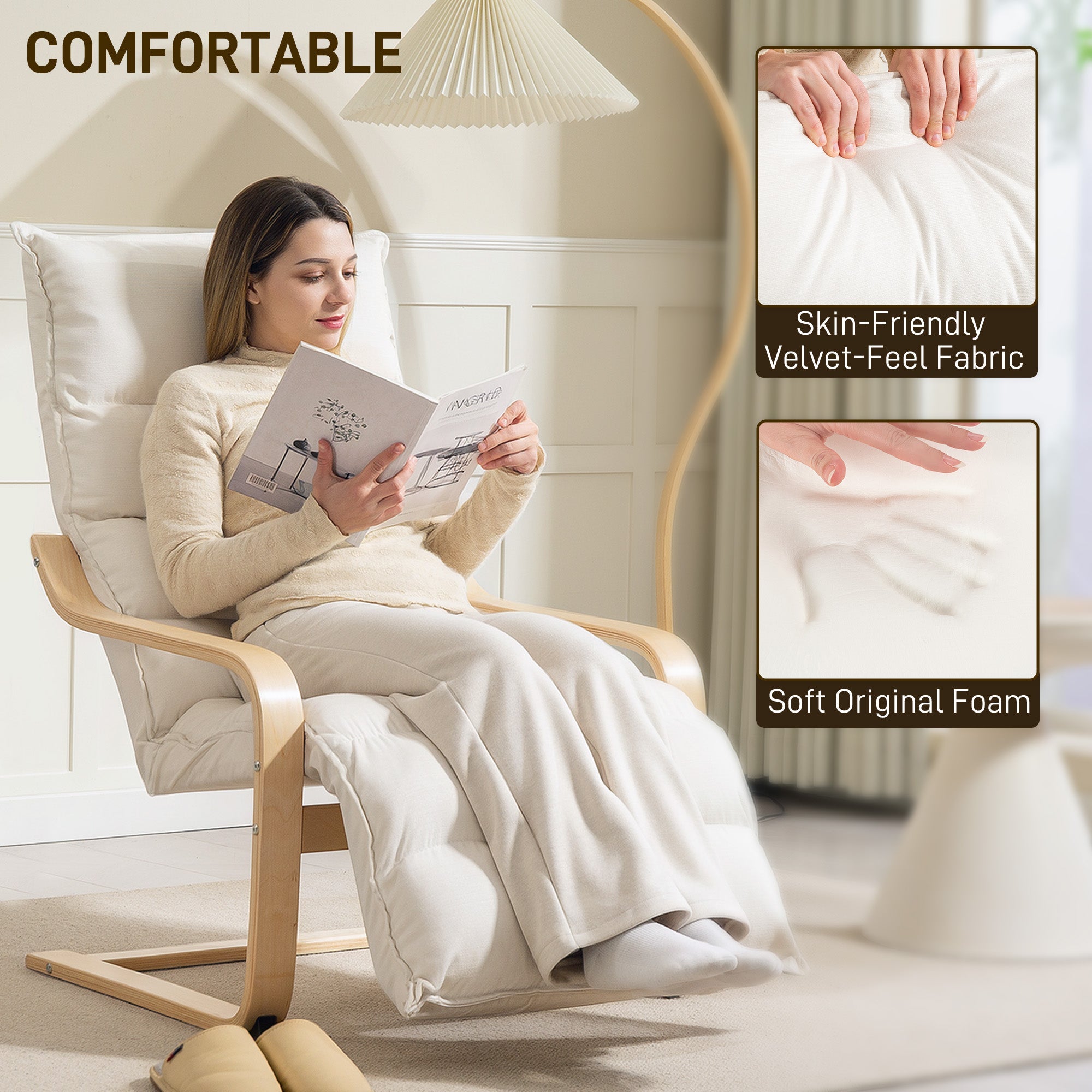 HOMCOM Curved Wooden Accent Chair, with Adjustable Footrest - Cream White 