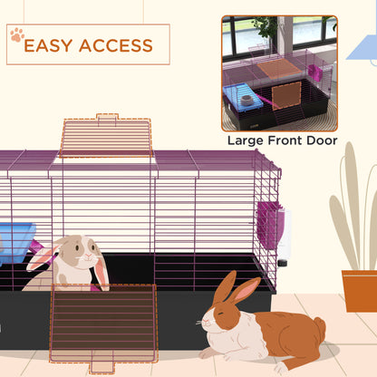 PawHut Chinchillas Small Rabbit Guinea Pig Small Animal Cage, Pet Playhouse, with Platform, Ramp, 99 x 52 x 53cm, Black 