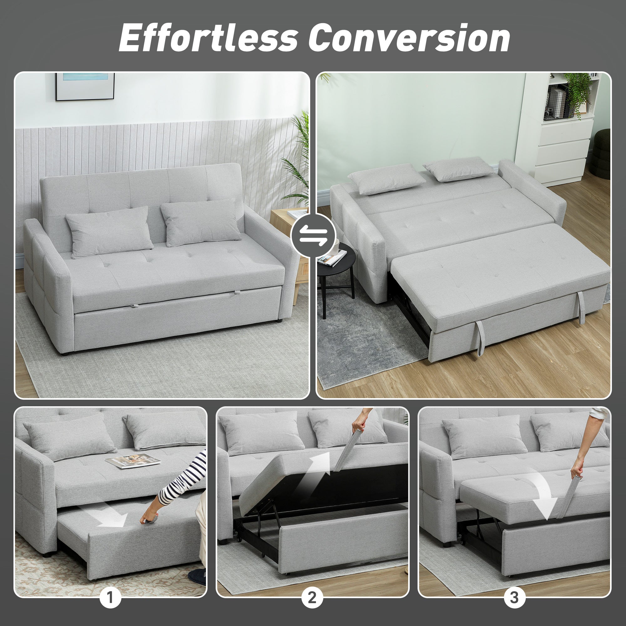 HOMCOM Three-Way Two-Seater Sofa Bed - Light Grey 