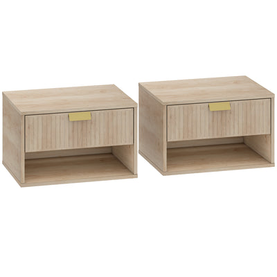 HOMCOM Set of 2 Wall Mounted Nightstands, Floating Bedside Tables with Fluted Drawer and Open Shelf for Small Bedroom, Oak 