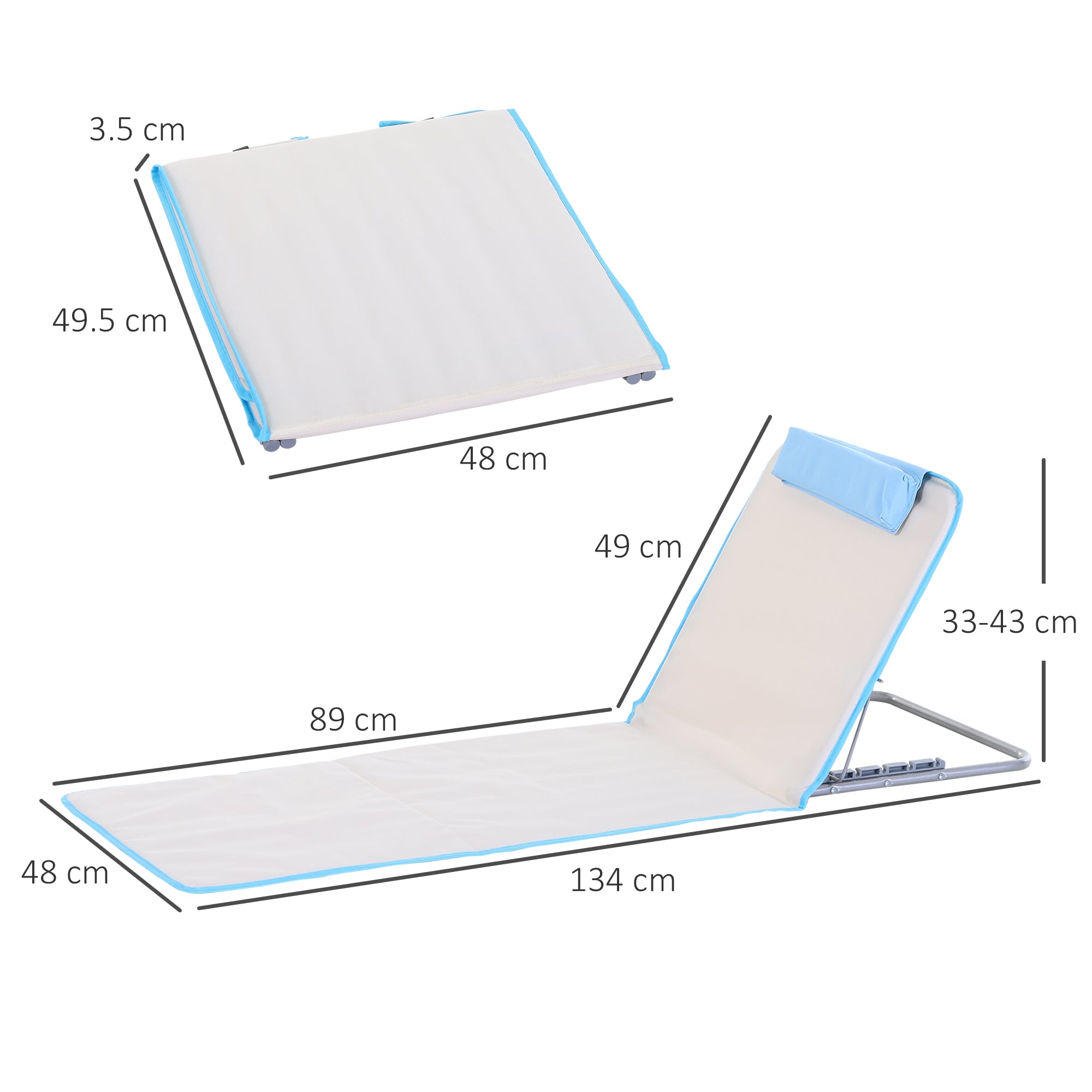 Outsunny Set of 2 Foldable Garden Beach Chair Mat, Lightweight Outdoor Sun Lounger Seats with Adjustable Back, Metal Frame, PE Fabric Head Pillow and Carry Bag, Cream White 