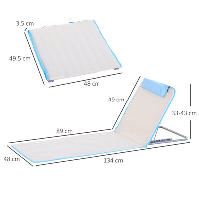Outsunny Set of 2 Foldable Garden Beach Chair Mat, Lightweight Outdoor Sun Lounger Seats with Adjustable Back, Metal Frame, PE Fabric Head Pillow and Carry Bag, Cream White 
